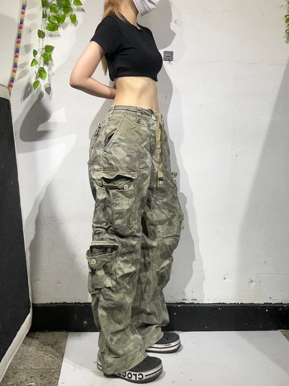 빈티지 카키 밀리터리 카모 멀티 포켓 유틸리티 와이드 카고 팬츠  상품이미지1