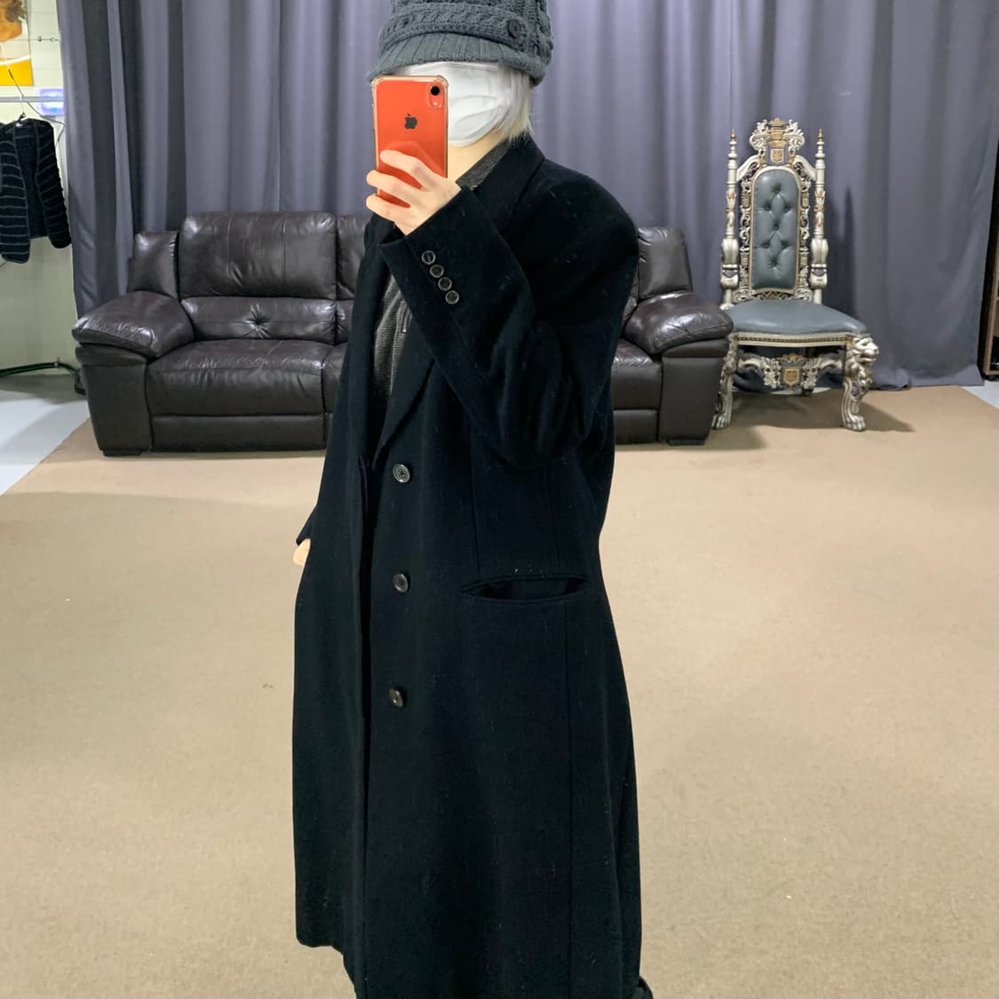 아쿠아스큐텀 블랙 싱글 버튼 롱코트 램스울 캐시미어 혼방 블레이저st남성 상품이미지3