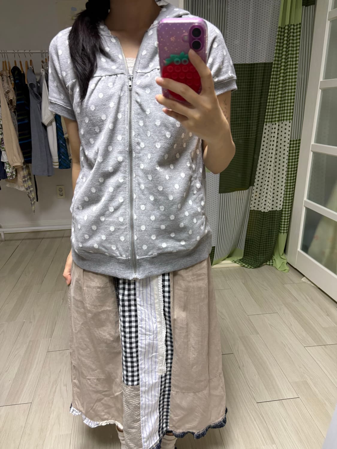 그레이 도트 반소매 후드집업 상품이미지8