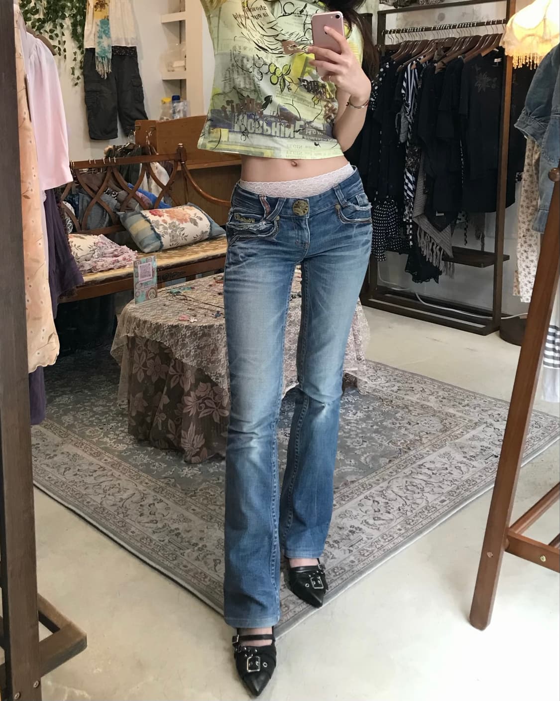 빈티지 나비 패치 큐빅 펑크 히피 데님 팬츠 상품이미지2