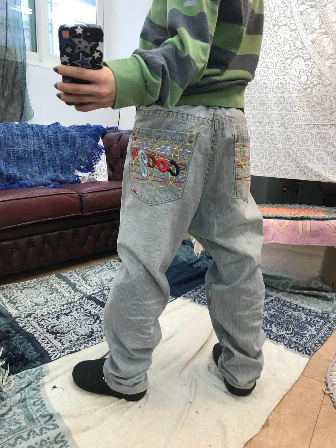 쿠지 빈티지 자수 흑청 데님팬츠   상품이미지1