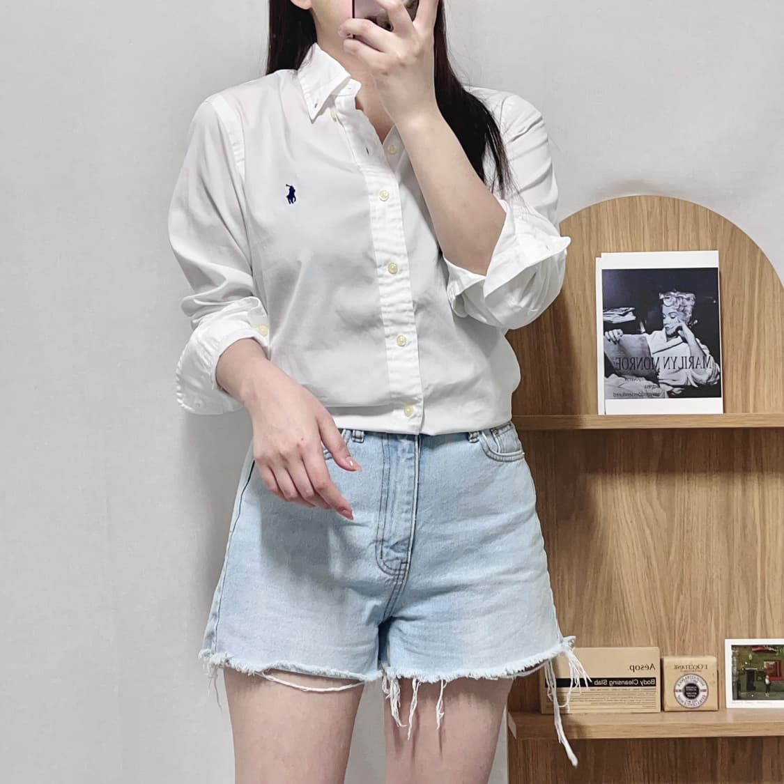 [정품] 폴로 화이트 / 네이비포니 솔리드 셔츠 [ XS ] 상품이미지1