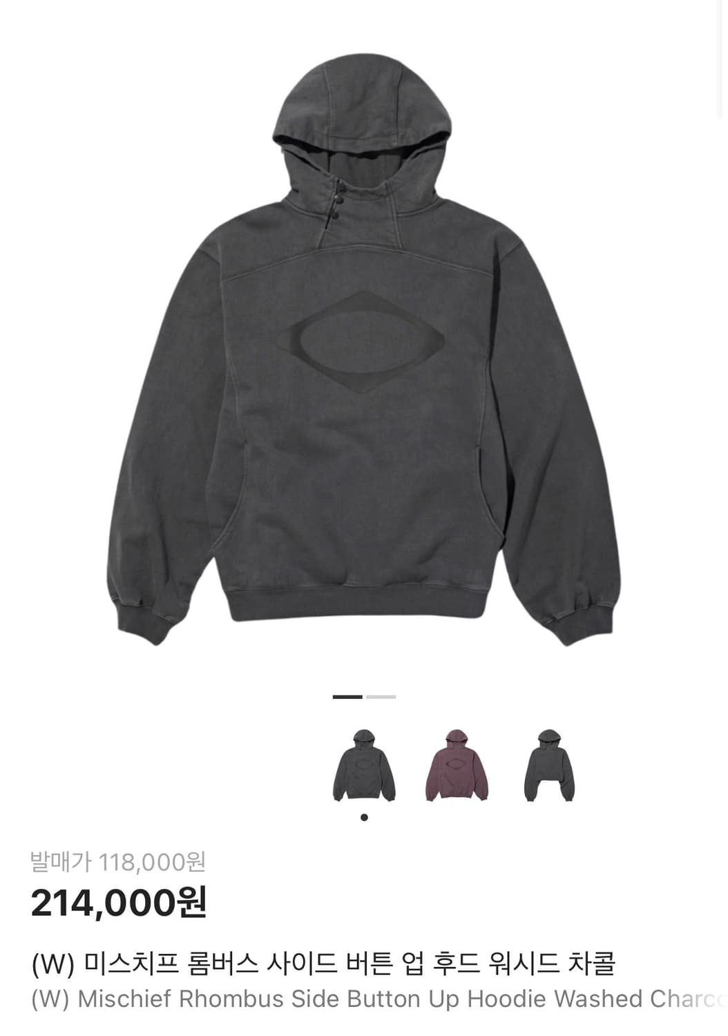 미스치프 롬버스 사이드 버튼 업 후드 워시드 차콜 M 사이즈 상품이미지1