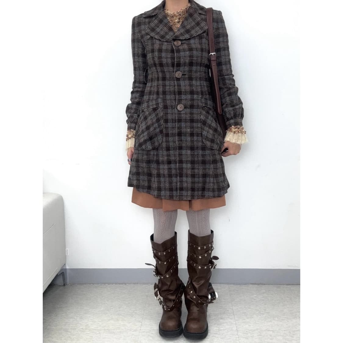 빈티지 브라운 체크 원피스 울 코트 상품이미지2