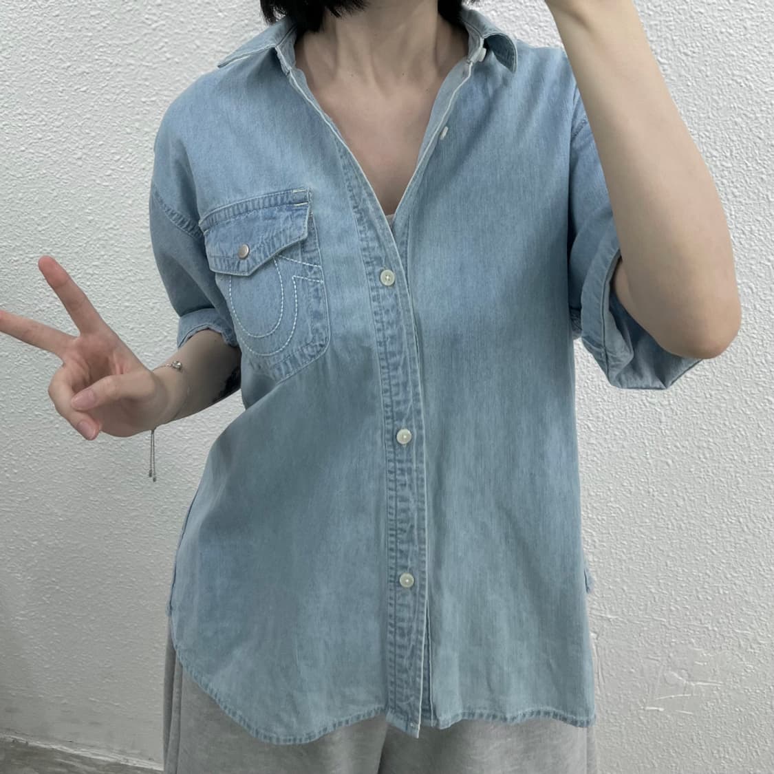 트루릴리젼 스티치 연청 데님 셔츠 M 상품이미지5