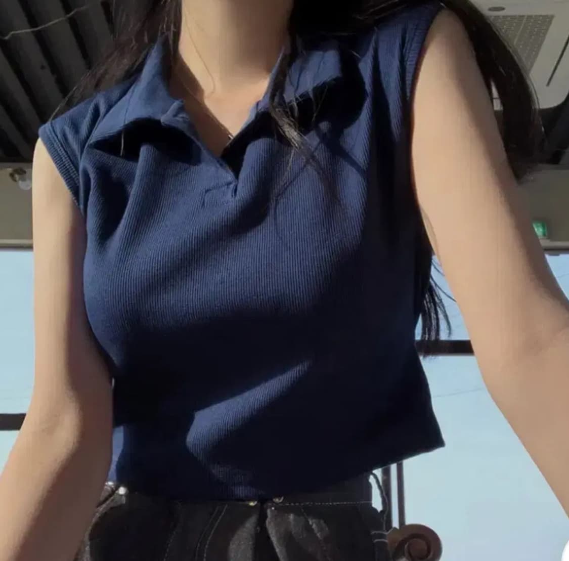 카라 리본 나시 민소매티 네이비 상품이미지1