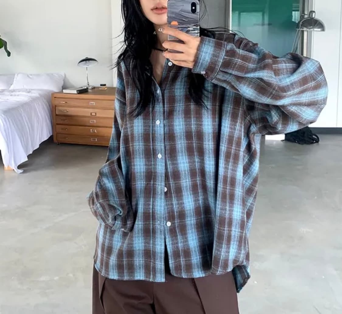 민초 오버핏 체크셔츠 체크남방 상품이미지1