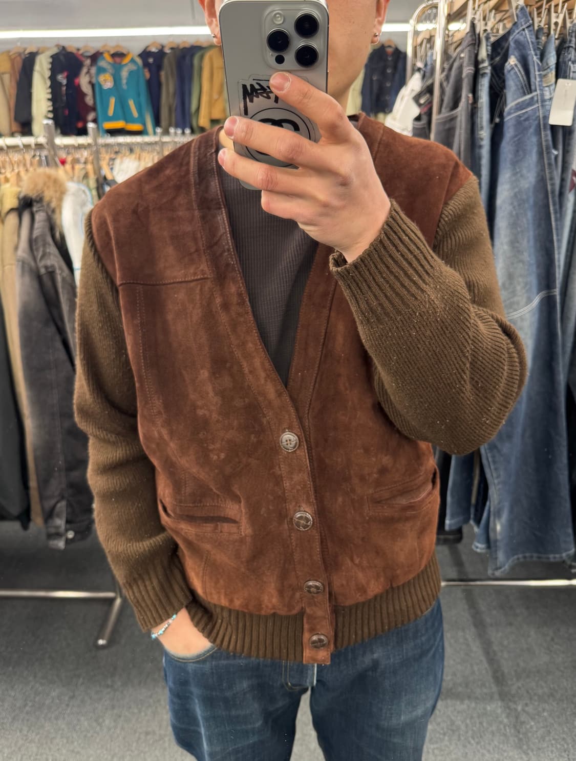 M)THE BROADWAY 빈티지 브라운 돈피 니트 가디건 상품이미지1