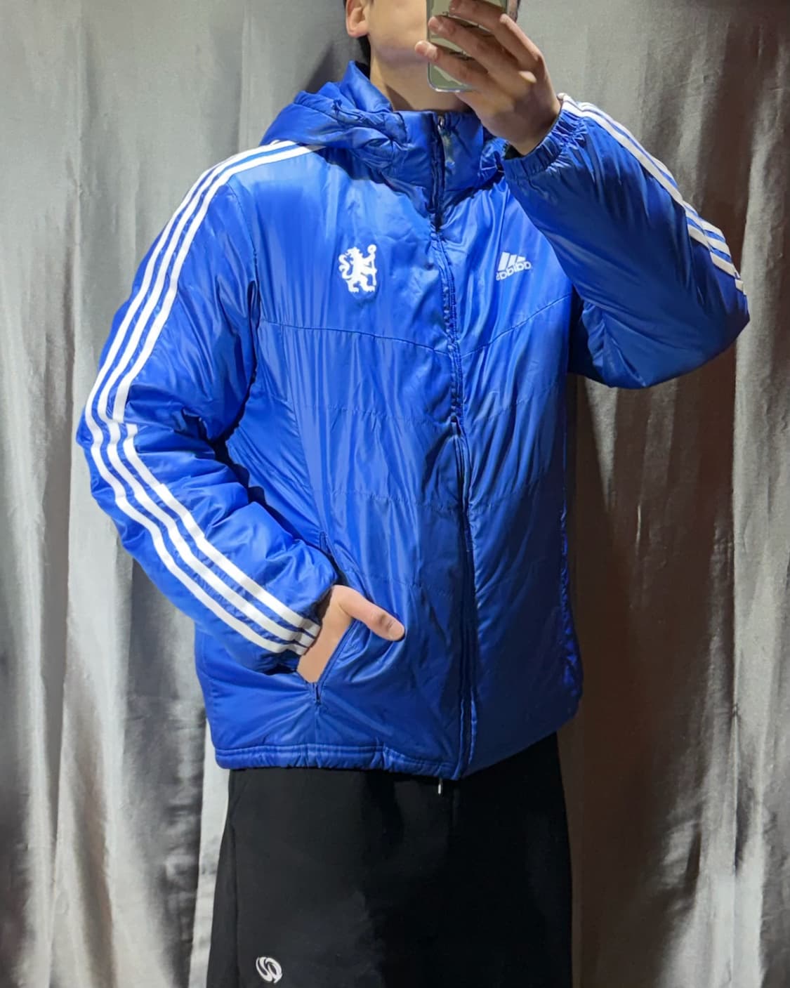 L 아디다스 첼시 삼선로고 코발트블루 후디 패디드 자켓 상품이미지1