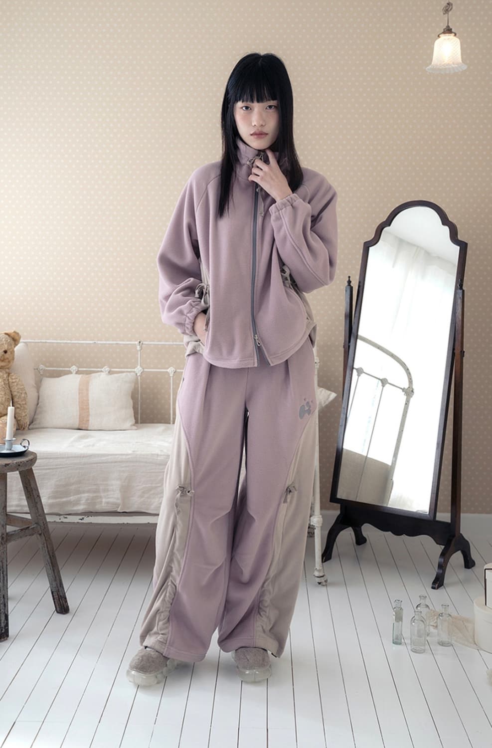 허그유어스킨 드로우 스트링 플리스 집업 팬츠 핑크 셋업 상품이미지1