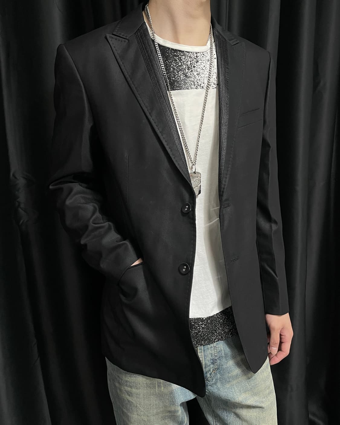 송지오 텍스쳐 라펠 블랙 블레이져 상품이미지1