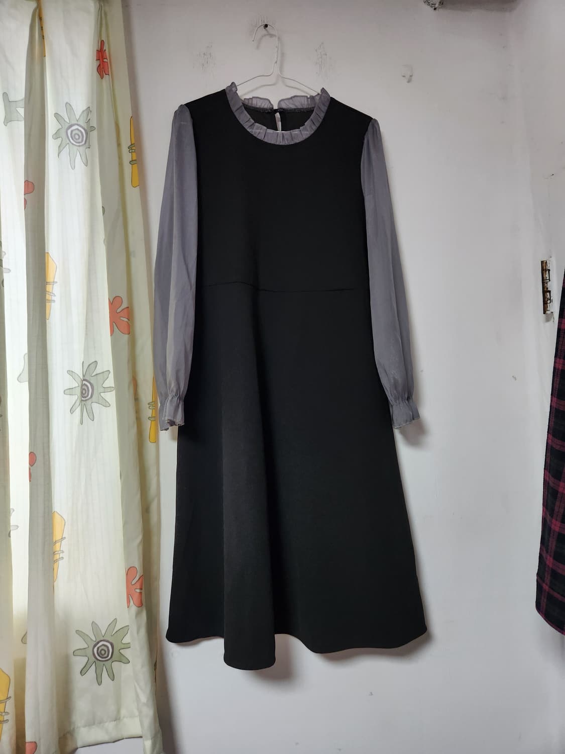 블랙 쉬폰 소매 A라인 롱 원피스XXL 상품이미지1