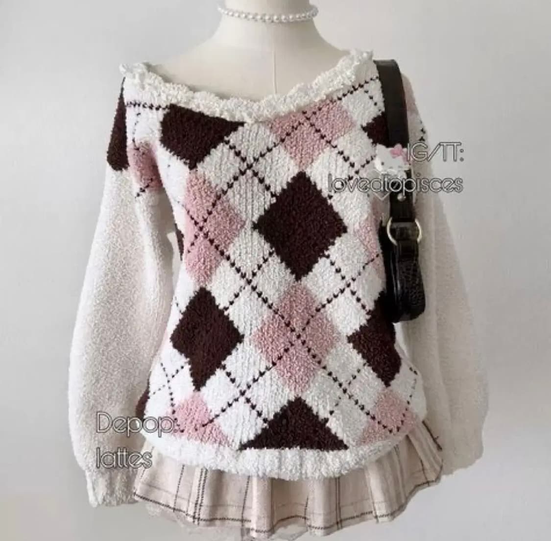 교환/판매] 리즈리사 핑크 리본 진주 체인 오프숄더 니트 히메 갸루 상품이미지4