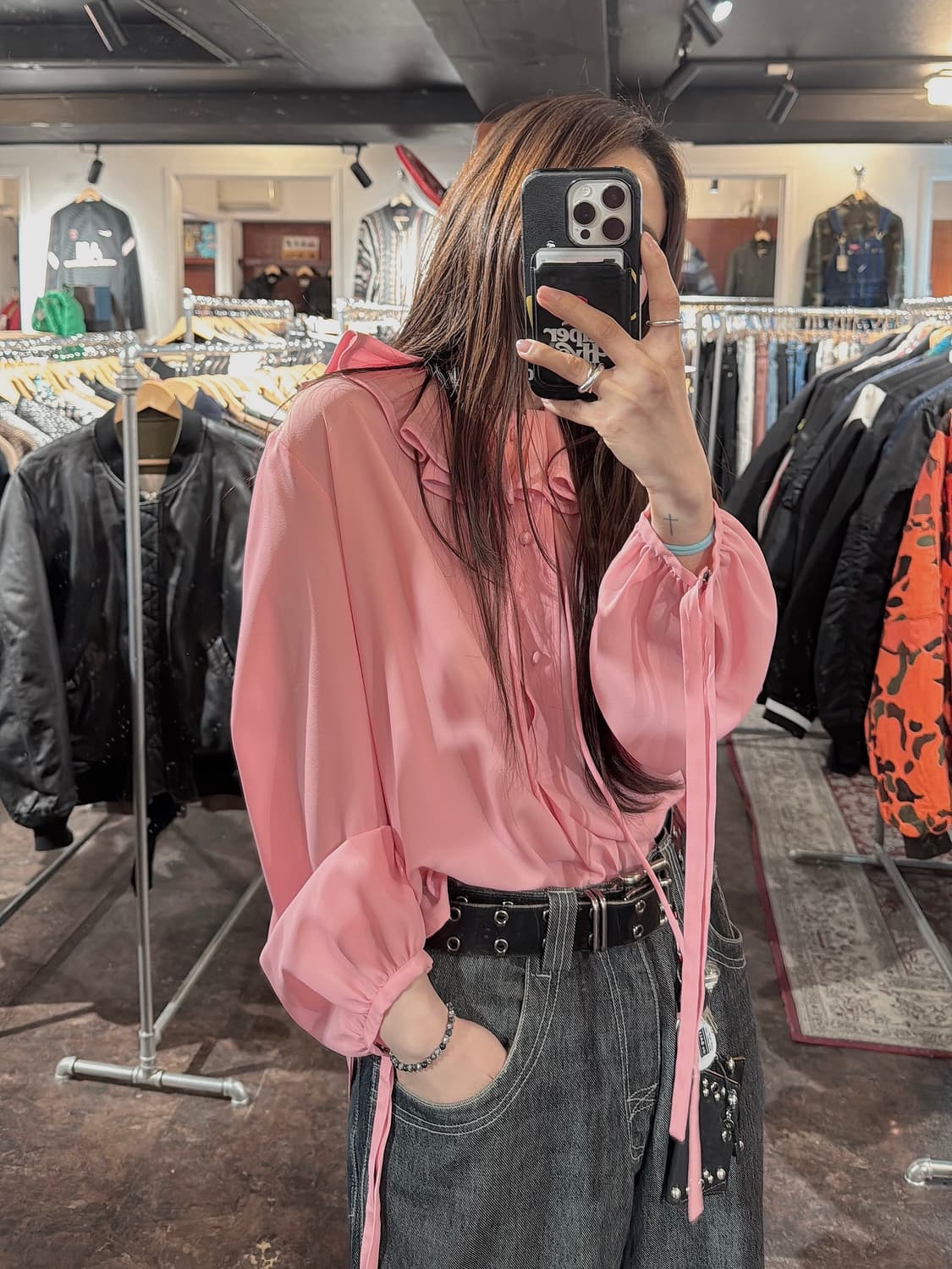 럭키슈에뜨 러플 카라 프릴 플리츠 리본 핑크 블라우스 셔츠 F 상품이미지7