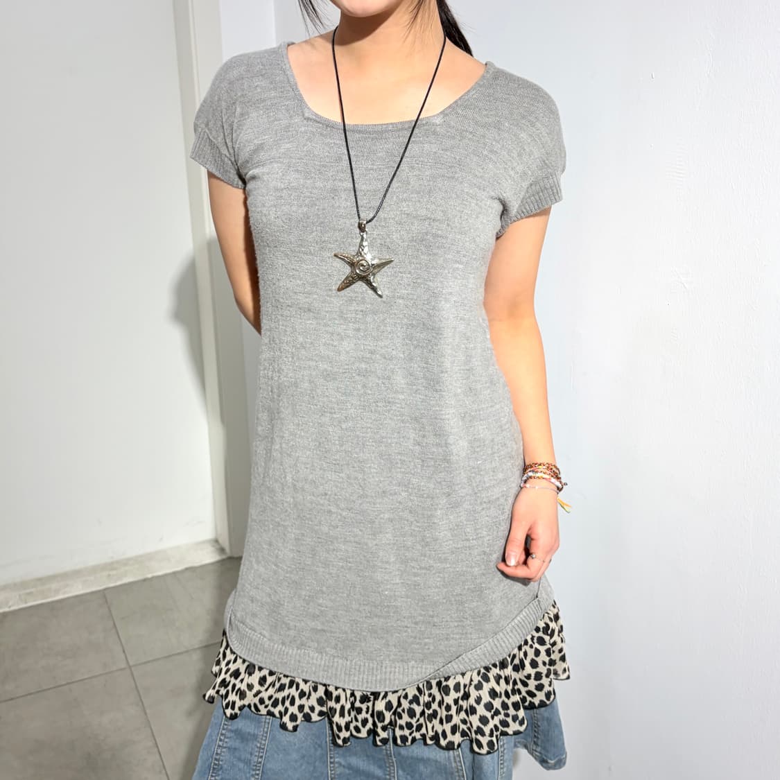 레오파드 호피 프릴 반팔 레이어드 갸루 원피스 상품이미지1