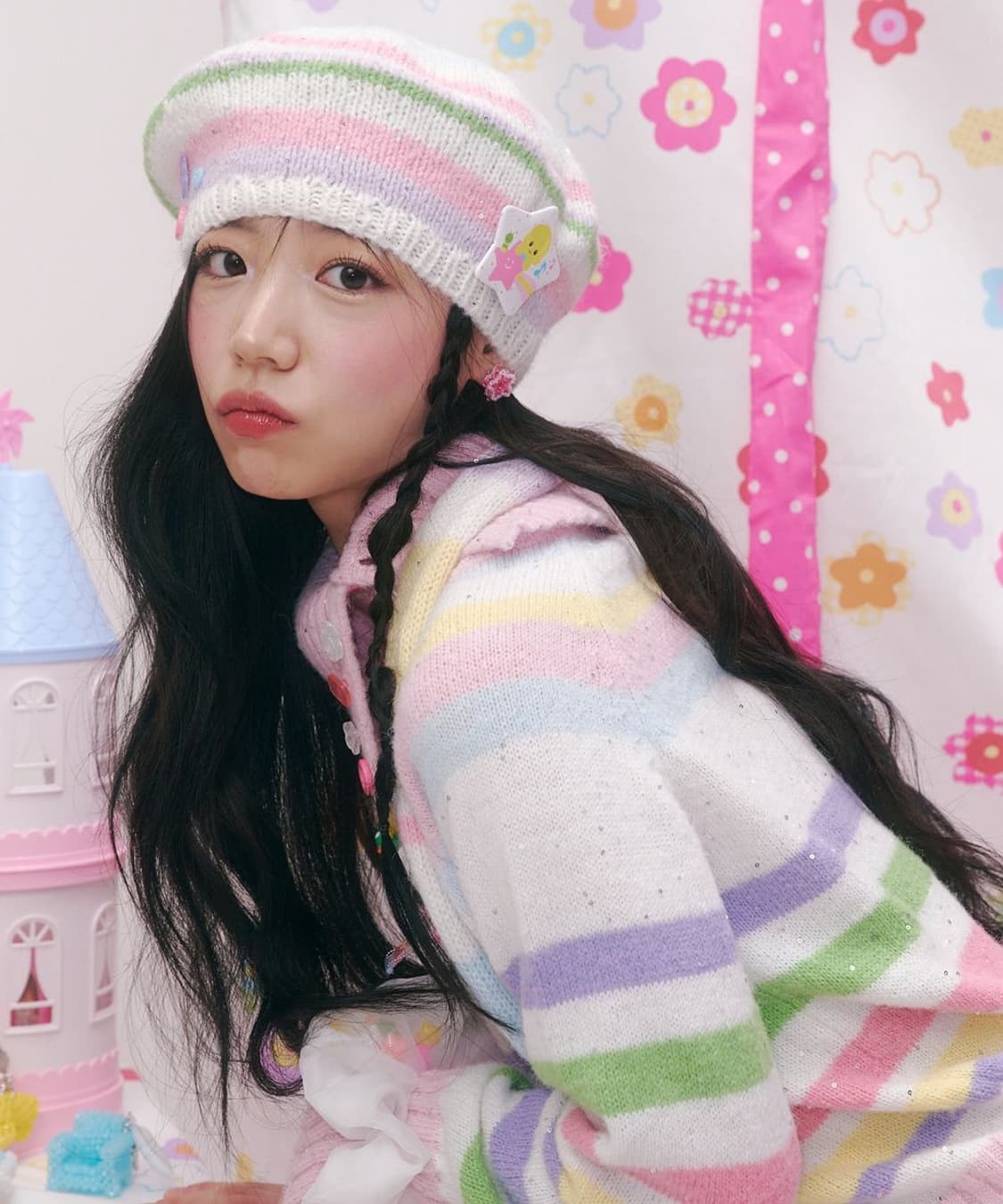 스윙셋 스트라이프 버튼 니트 베레모 (파스텔) 상품이미지3