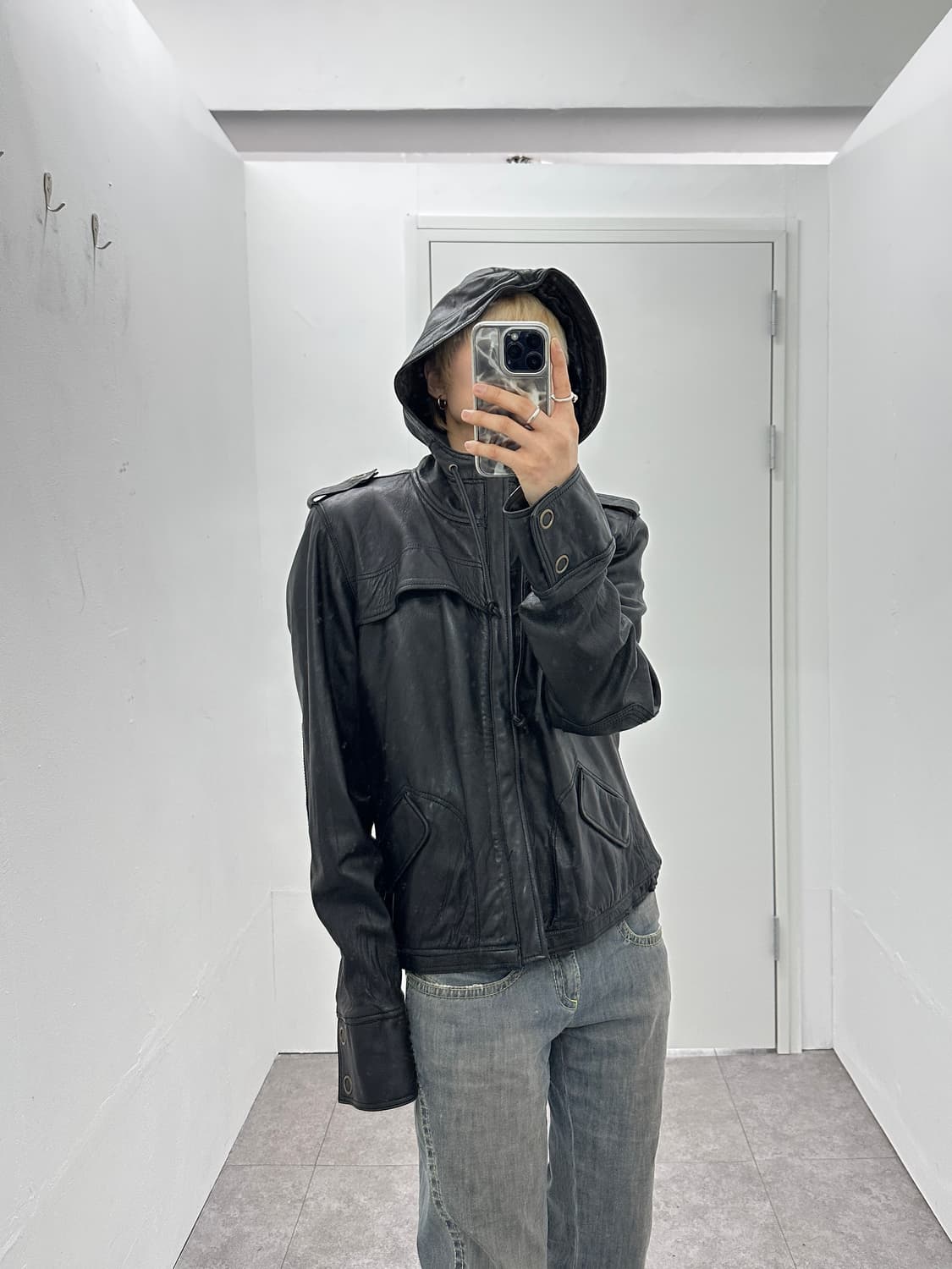 Sheepskin Cropped Hood leather jacket 상품이미지8