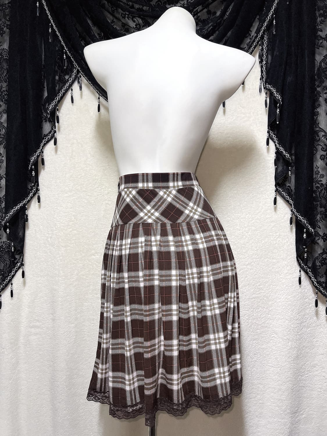 라떼갸루 엑팜깔 브라운 레이스 체크 플리츠스커트 치마 로맨틱 핀터 모리 상품이미지6