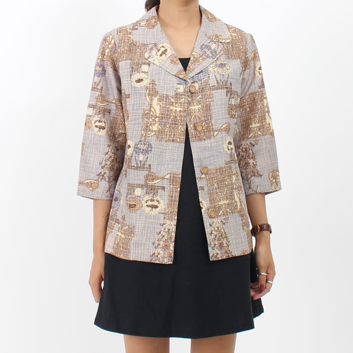 일본 빈티지 퍼플 플라워 체크 패턴 7부 소매 블라우스 상품이미지1