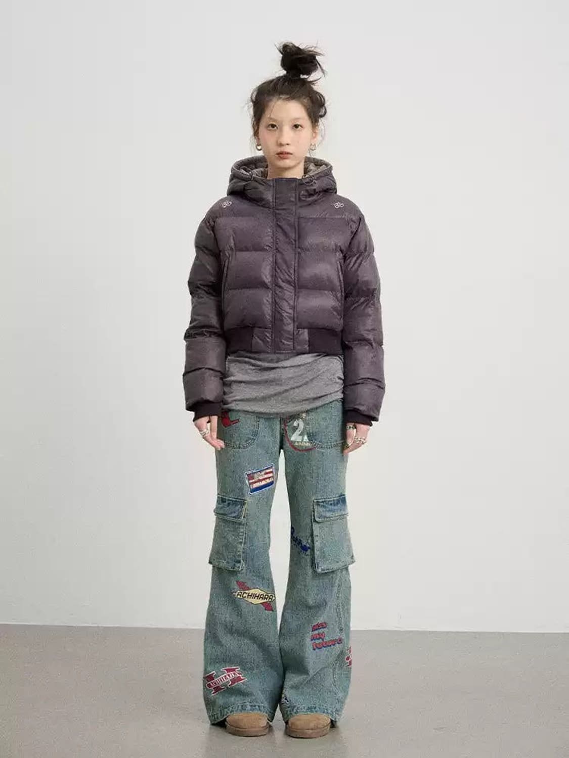 아키하라 Achihara 어깨 자수 후드 숏 패딩 자켓 M 상품이미지3