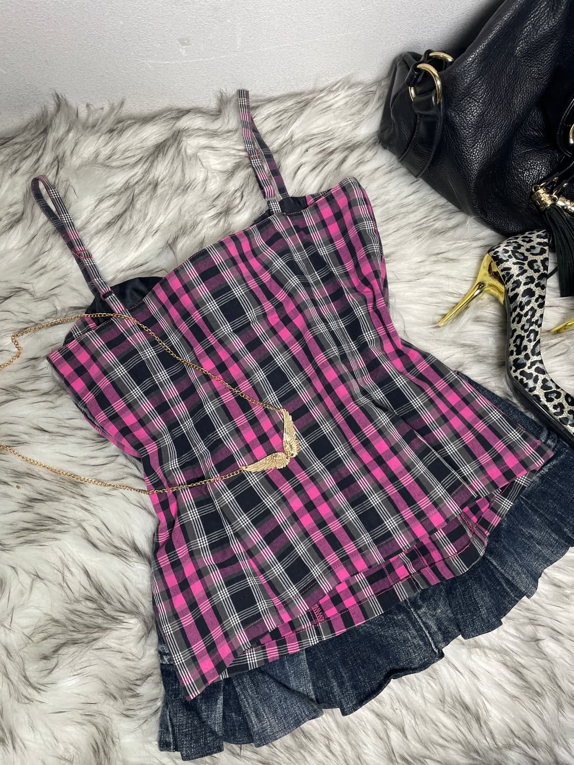 키치 펑크 핑크 체크 슬리브리스 상품이미지3