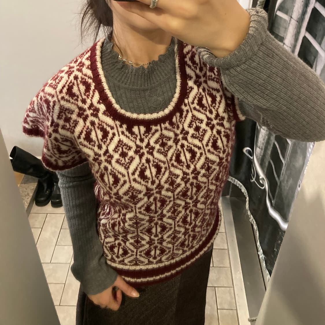 스퀘어넥 패턴 반팔 니트 상품이미지1