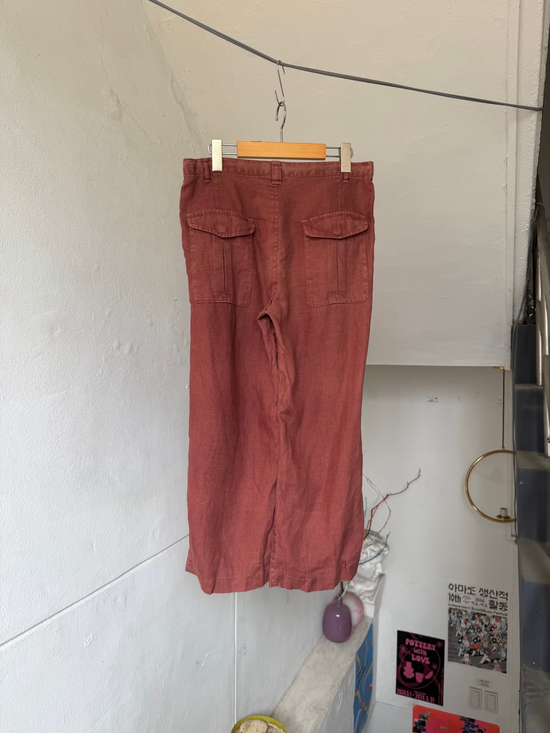 빈티지 버건디 셔링 7부 리넨 팬츠 상품이미지5
