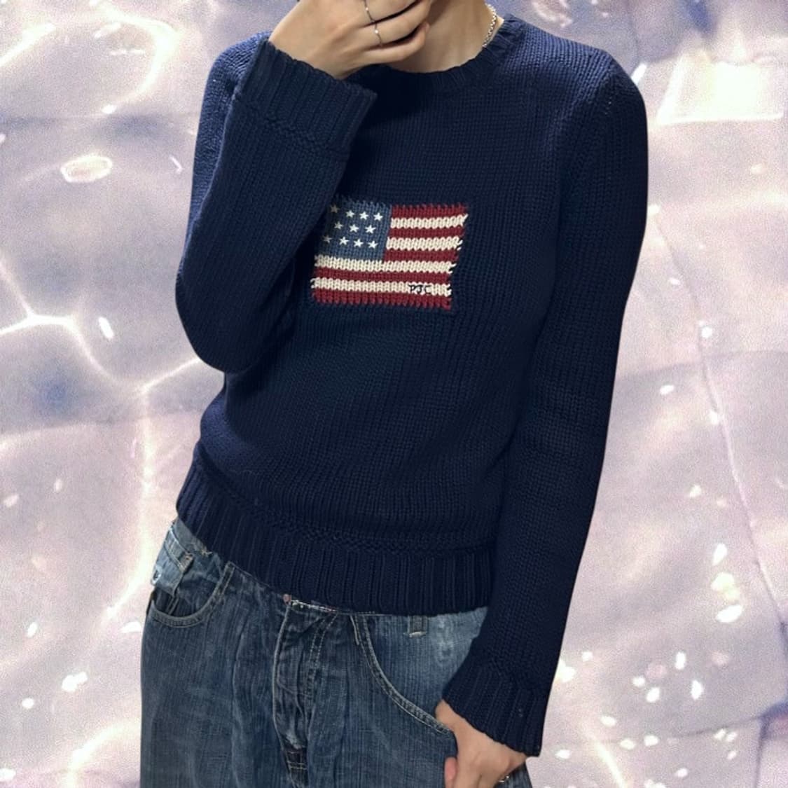 90s 폴로 랄프로렌 폴로 진스 빈티지 미국 국기 성조기 니트 네이비 S 상품이미지2