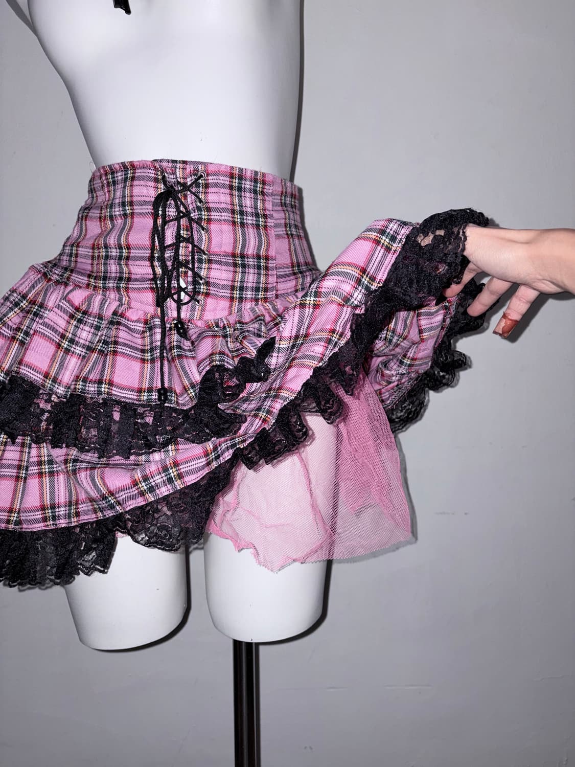 고스로리 핑크 체크 갸루 코르셋 프릴 스커트 고딕 로리타 히메갸루 상품이미지5