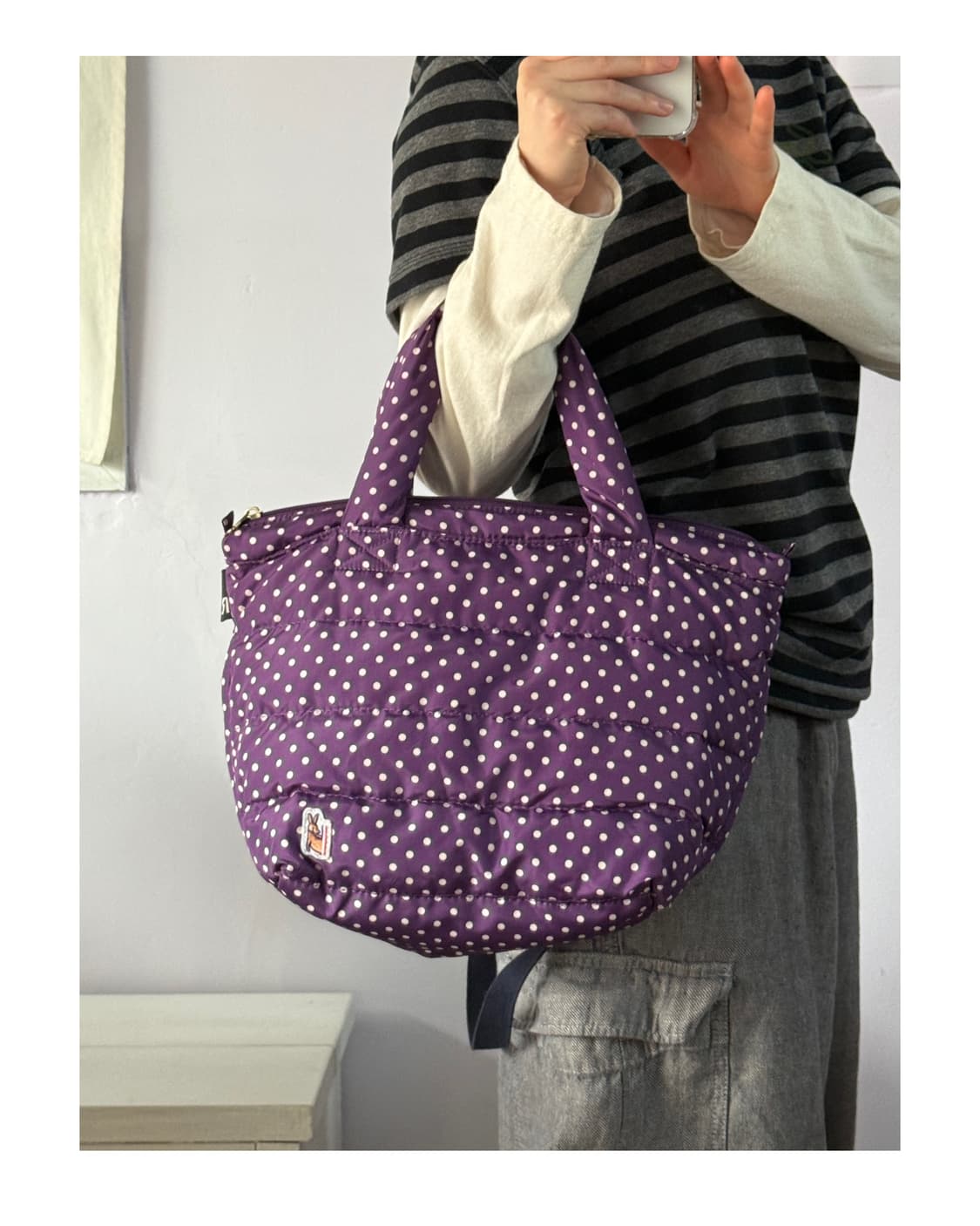 패딩 도트백 포도색 보라색 땡땡이 가방 토트백 일본빈티지 상품이미지2