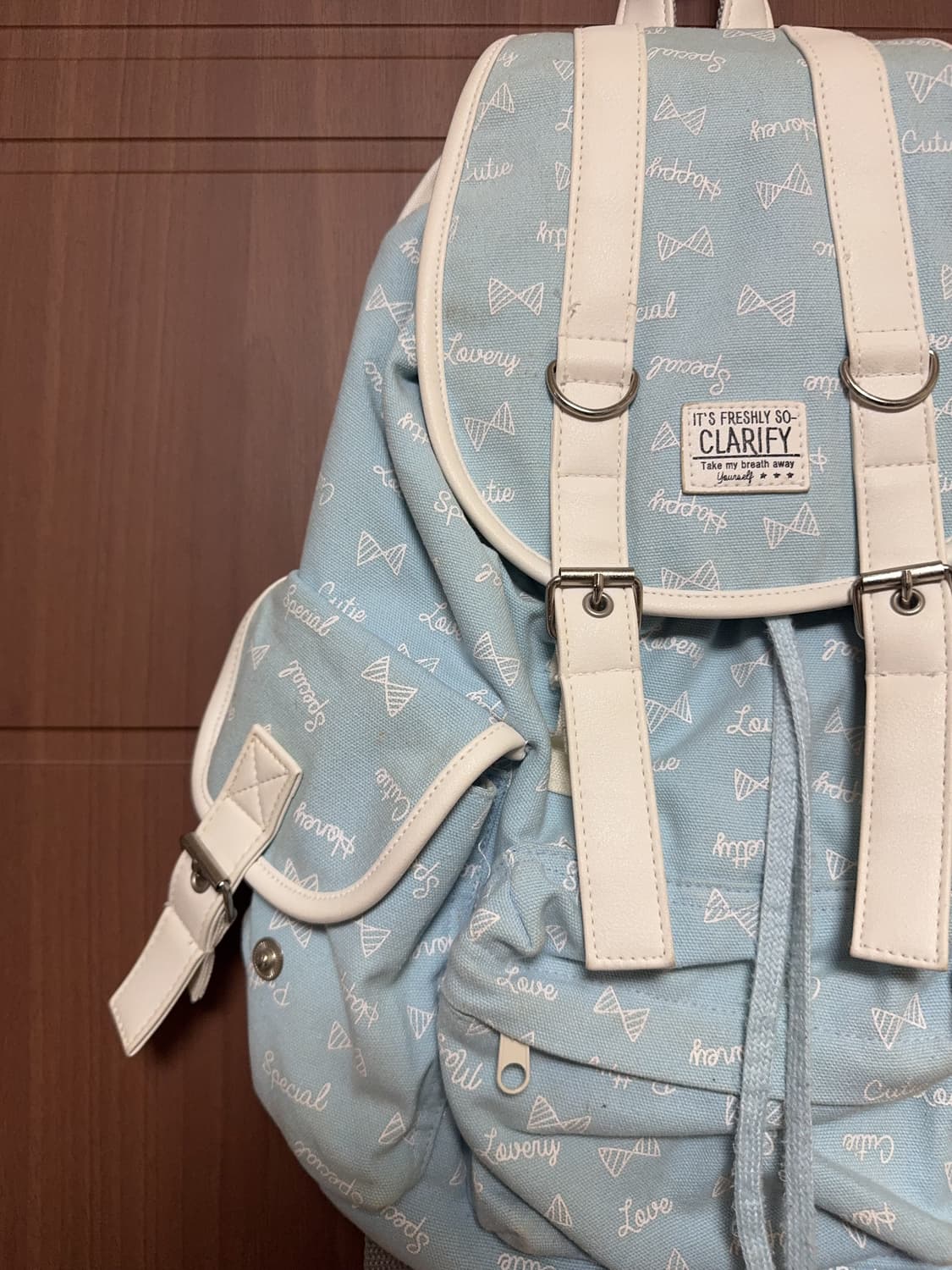 일본 빈티지 모리걸 하늘색 리본 패턴 쓰리포켓 백팩 모리 가방 상품이미지2