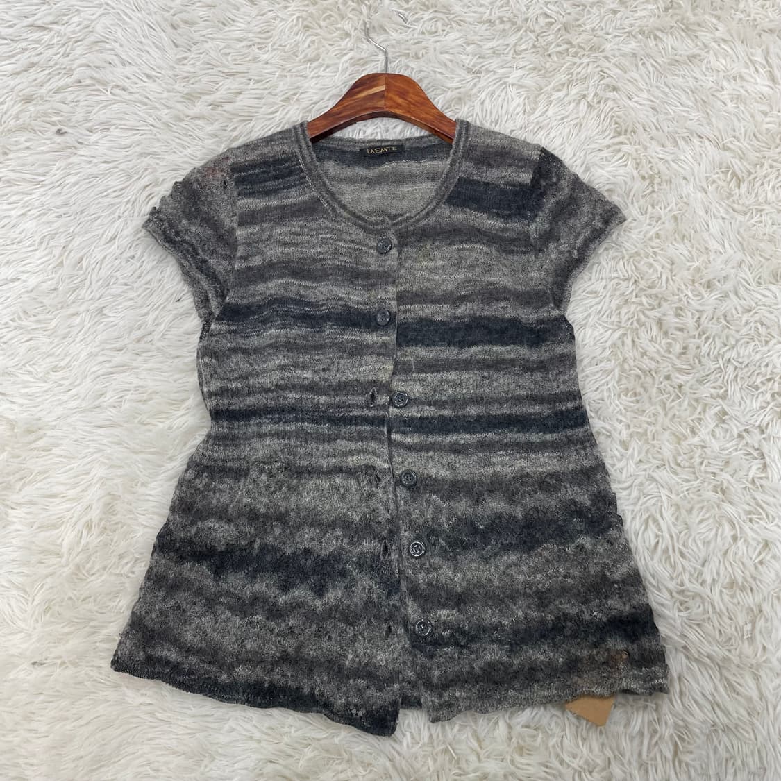 빈티지 멀티 스트라이프 그레이 반팔 니트 가디건 상품이미지1