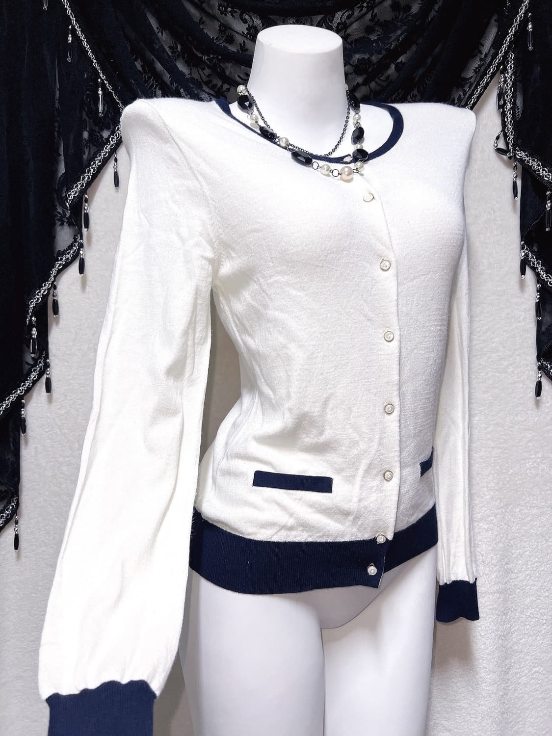 로맨틱갸루 로걀탑 베이직 진주 배색 니트가디건 러블리 페미닌 상품이미지5