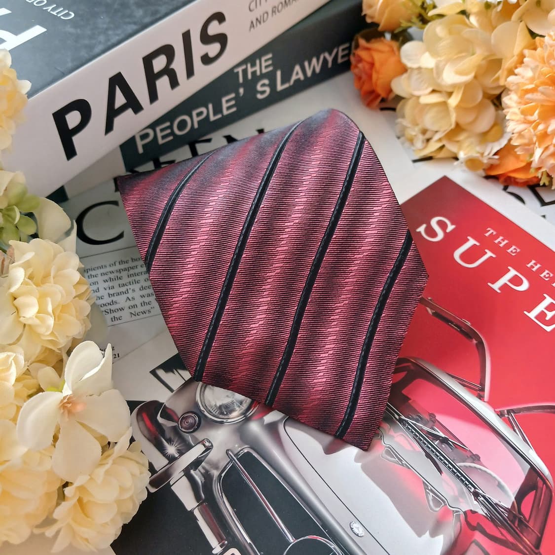 아쿠아스큐텀 실크 와인 스트라이프 넥타이 9.7cm A+등급 G11 상품이미지4