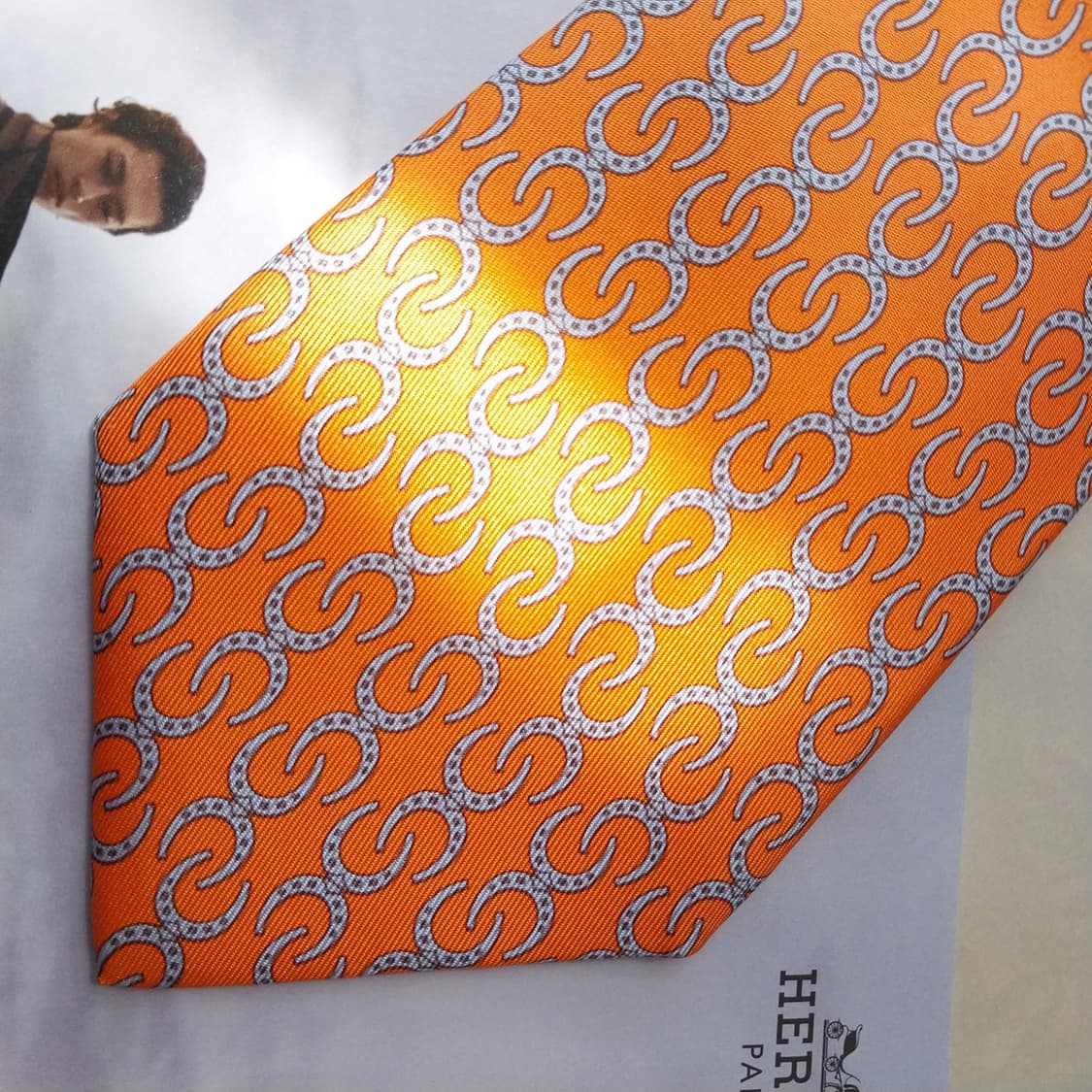 에르메스 오렌지 말발굽 자카드 넥타이 9.3cm A+등급 K2537 상품이미지6
