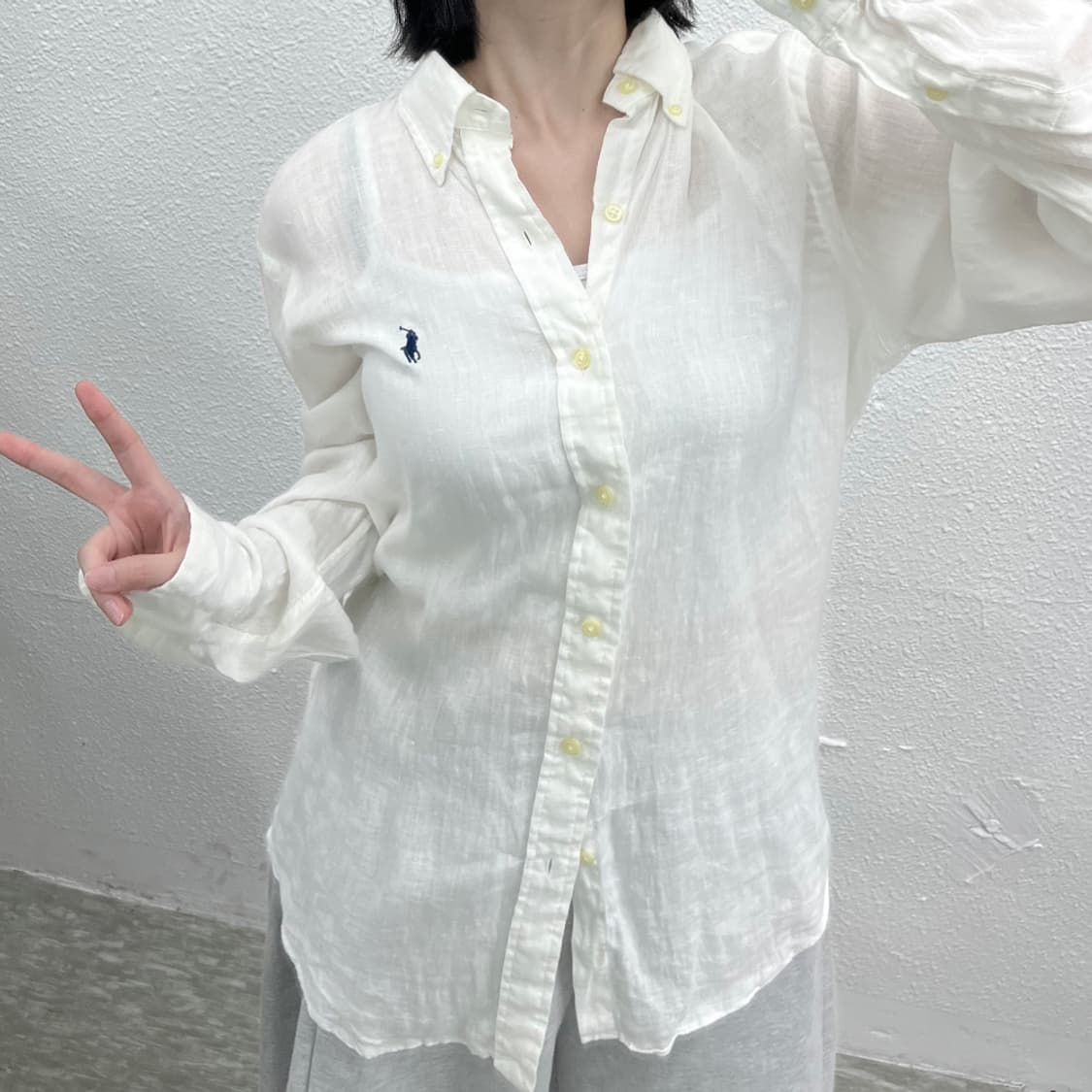 폴로 랄프로렌 네이비포니 린넨 화이트 셔츠 S 상품이미지6