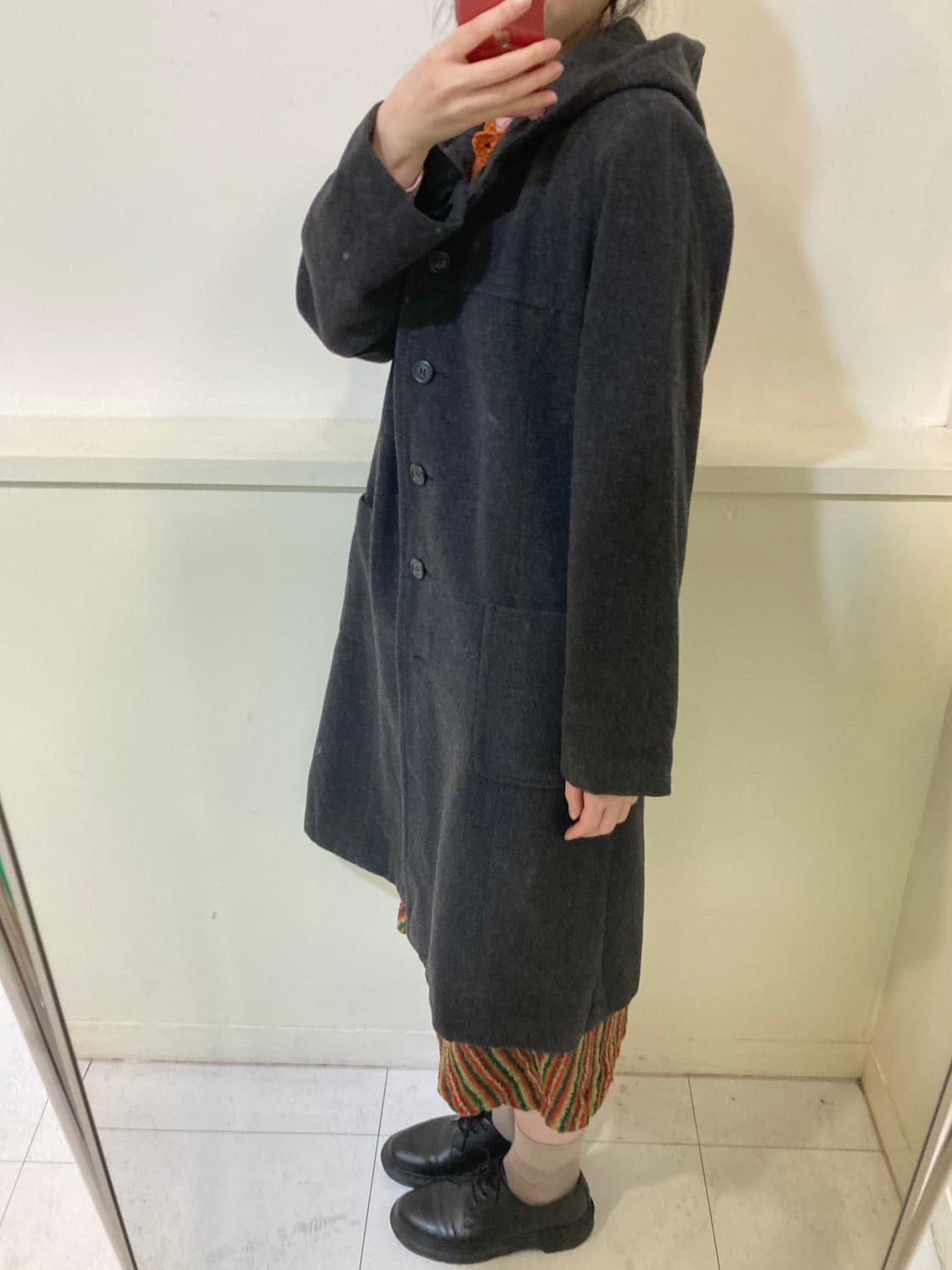 울 캐시미어 다크그레이 후드 코트 상품이미지10