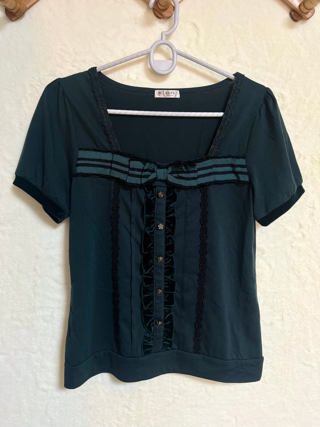 빈티지 엑시즈팜 그린 리본 반팔 블라우스 상품이미지1