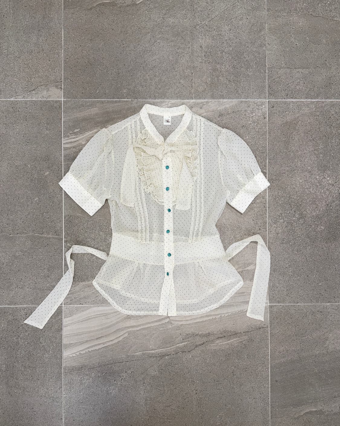 Mint dot chiffon ruffle ribbon blouse  상품이미지1