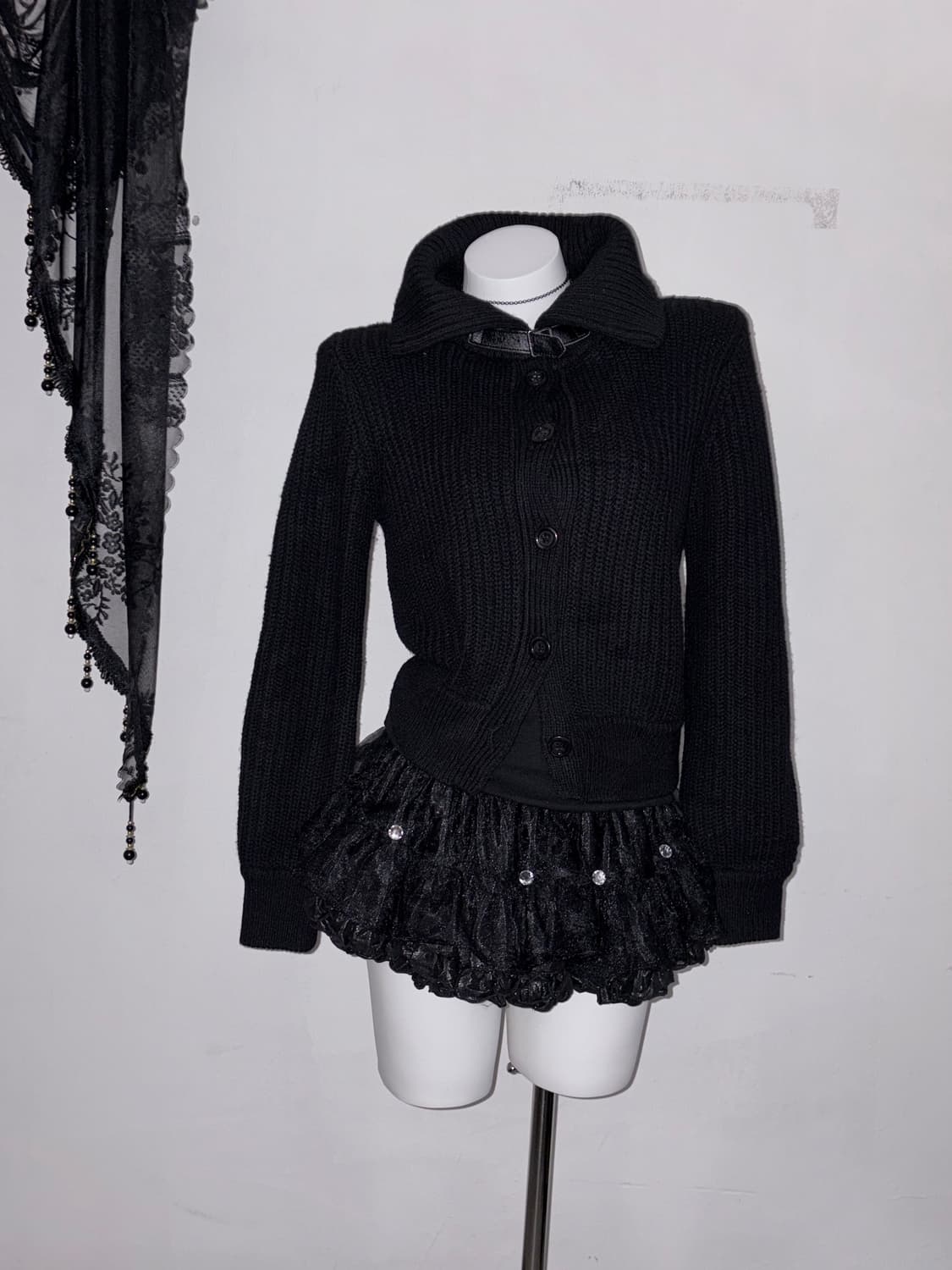 00s 하이넥 가죽버클 블랙 니트 아우터 고스 고딕 상품이미지1