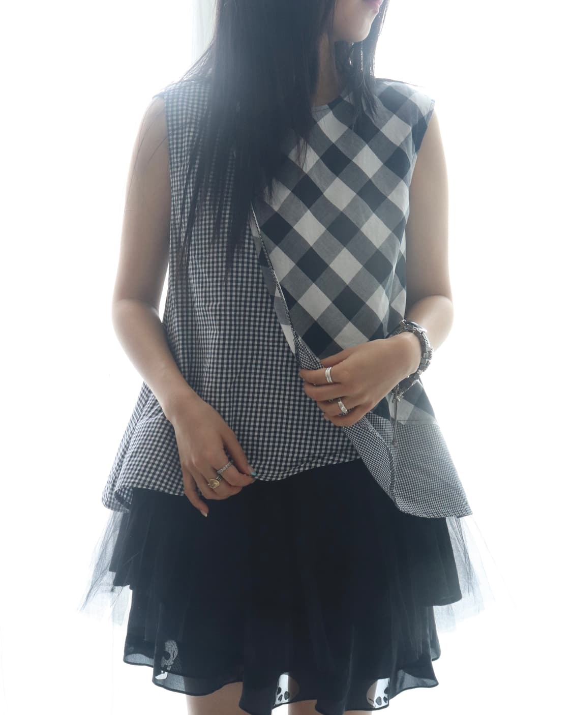 [Beams Boy] Tori-To Check Tulle Blouse 상품이미지1