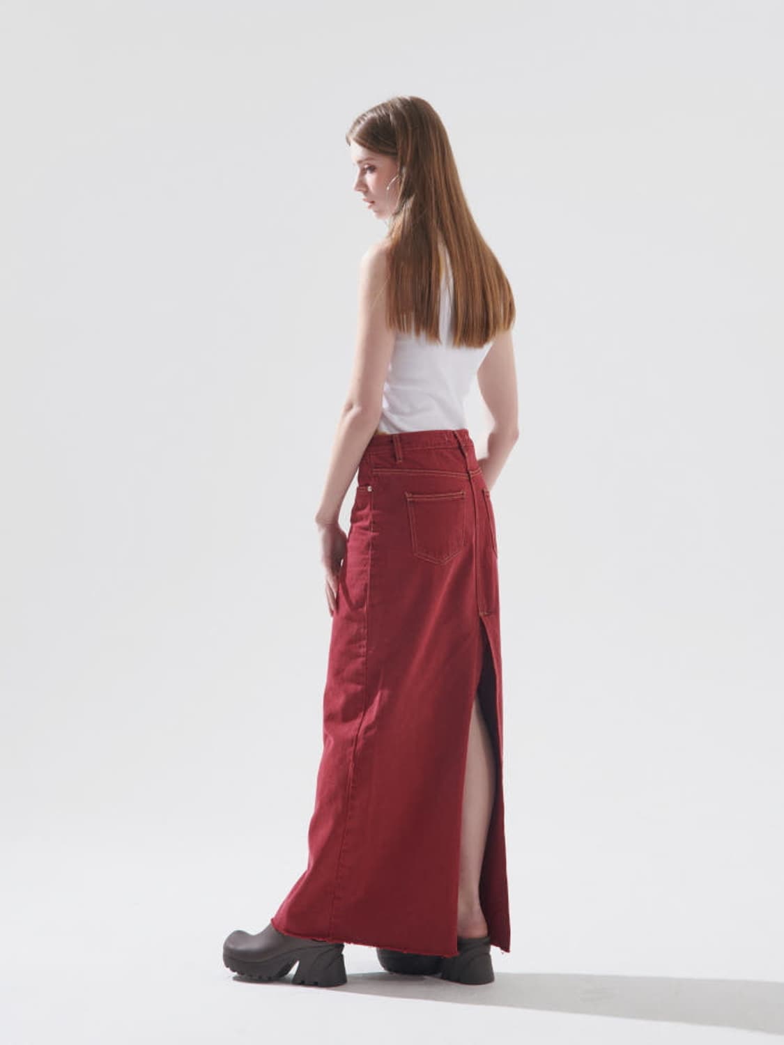 게이트리스 레드 데님 스커트 상품이미지4