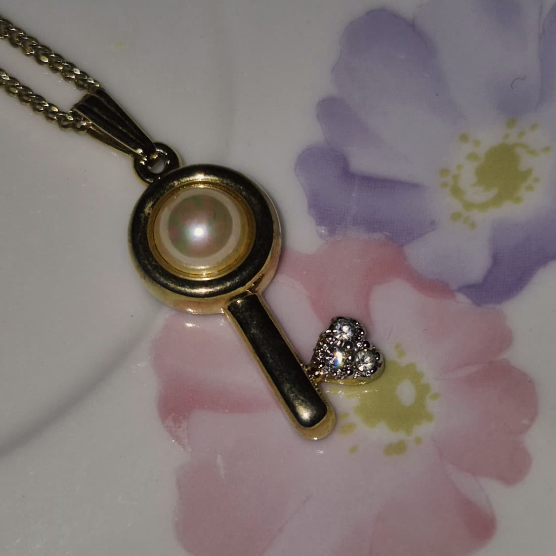 90s 프랑스 꾸레쥬 진주 하트 열쇠 큐빅 목걸이 상품이미지8