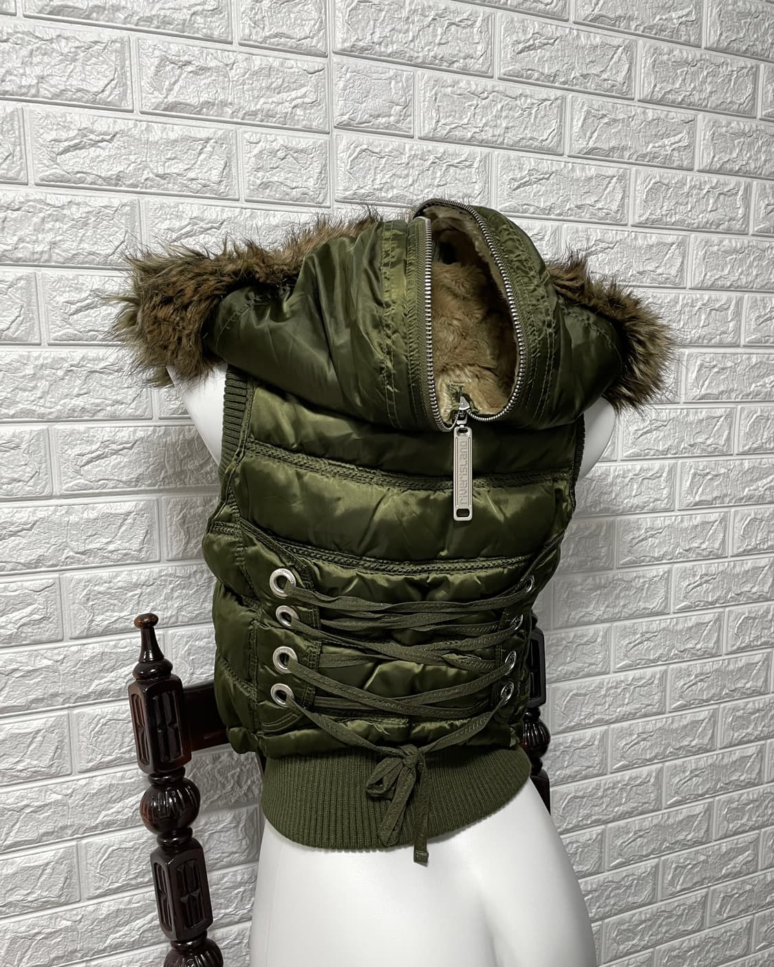 River Island Lined Zip Military Fur Vest 상품이미지7