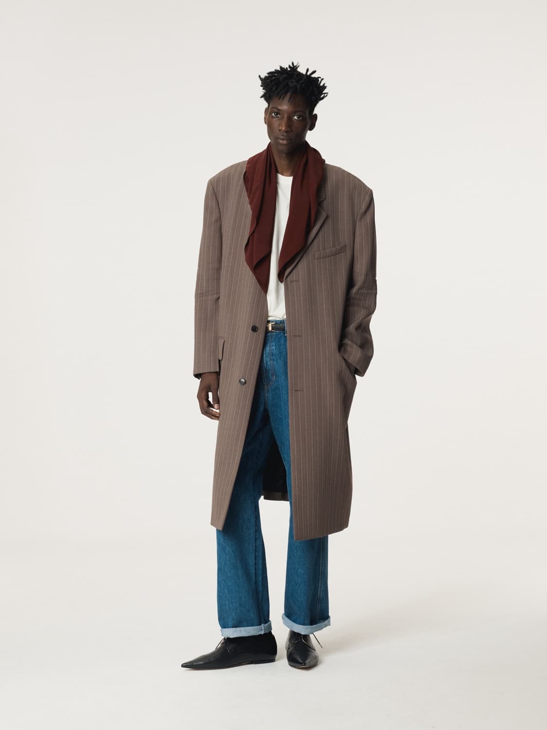 렉토 25FW 슬리브 크리즈 스트라이프 싱글 코트 세피아 상품이미지1