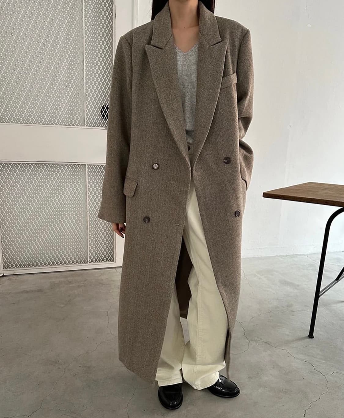 하운드체크 베이지 브라운 맥시 롱코트 상품이미지2