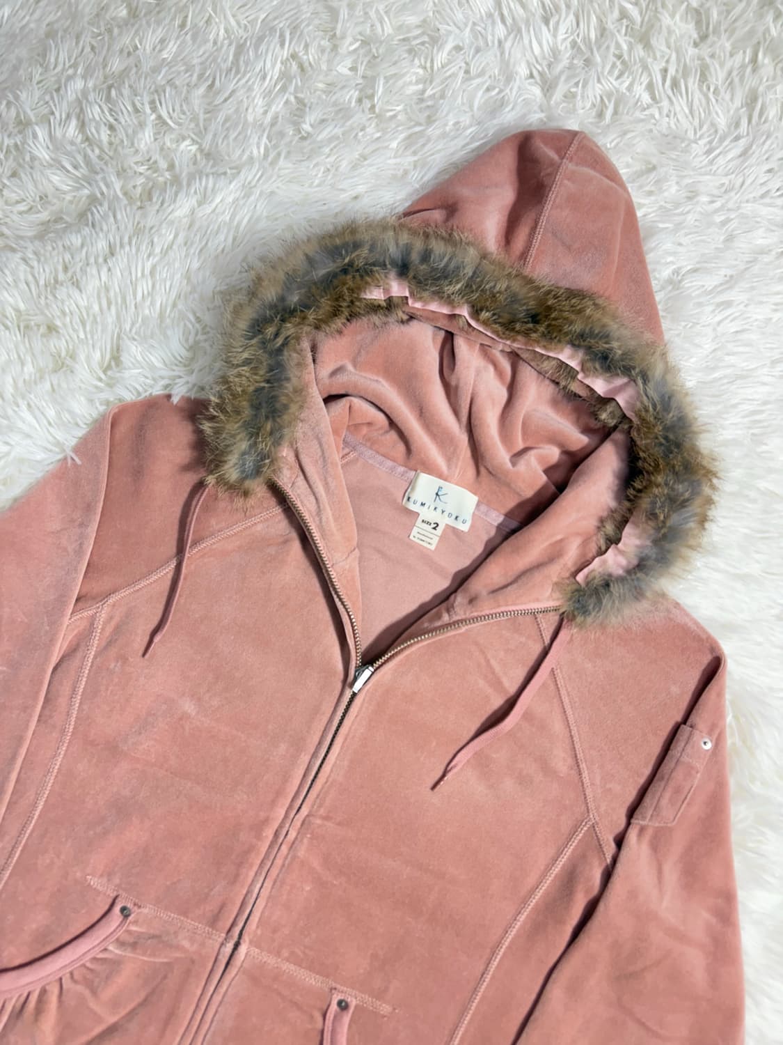 Y2K JAPAN 빈티지 뮤트핑크 벨벳 후드집업  상품이미지5