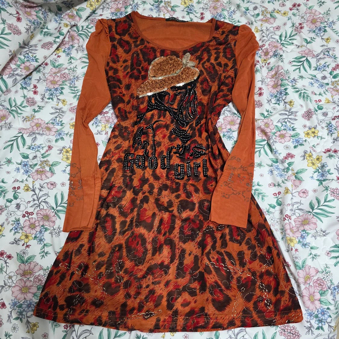 빈티지)레오파드 호피 오네갸루 글리터 대대장 큐빅메쉬y2k90s 롱슬리브 상품이미지4