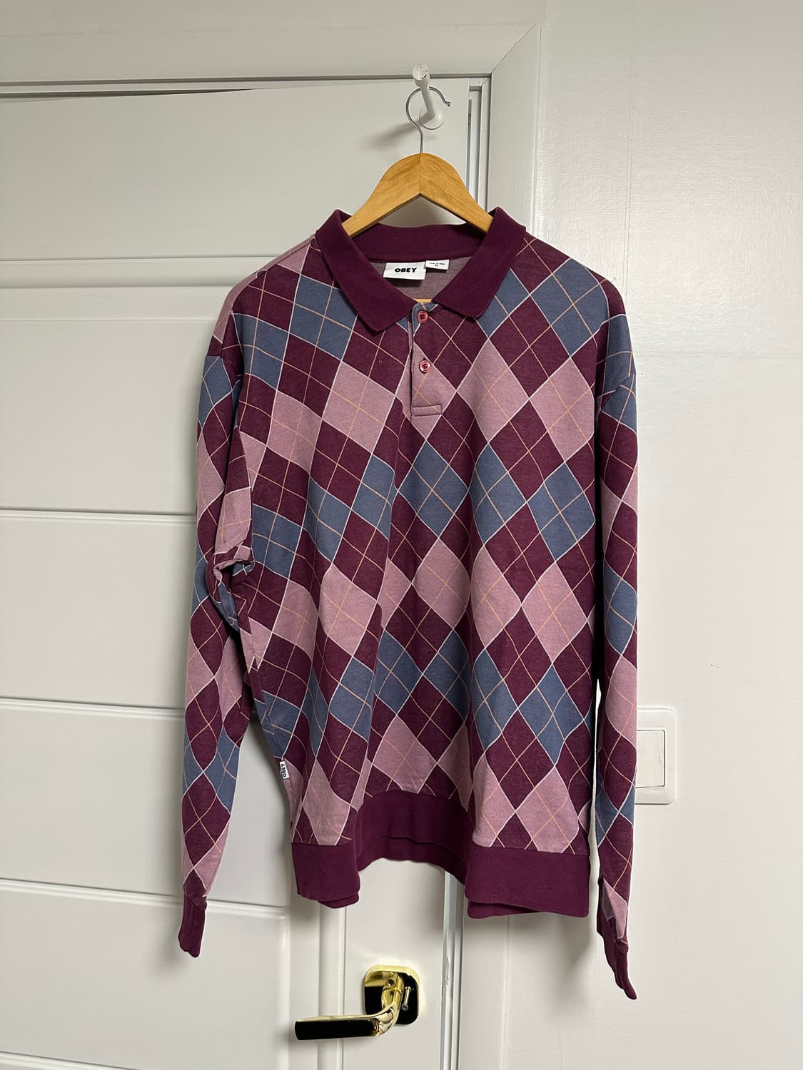 오베이 아가일 자카드 롱슬리브 폴로 티셔츠 퍼플 상품이미지2