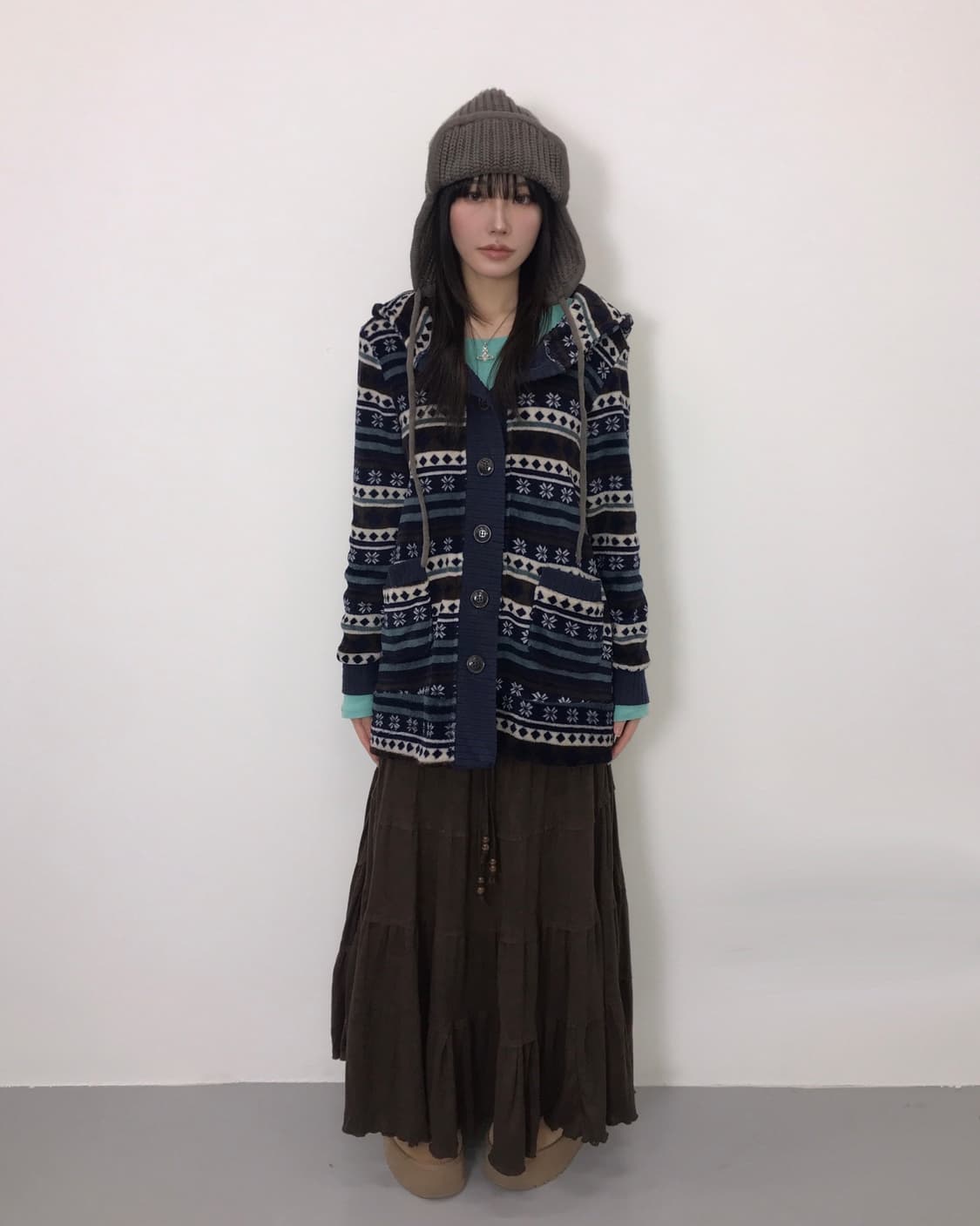 Jpn NordicPattern Hooded Fleece Cardigan 상품이미지1